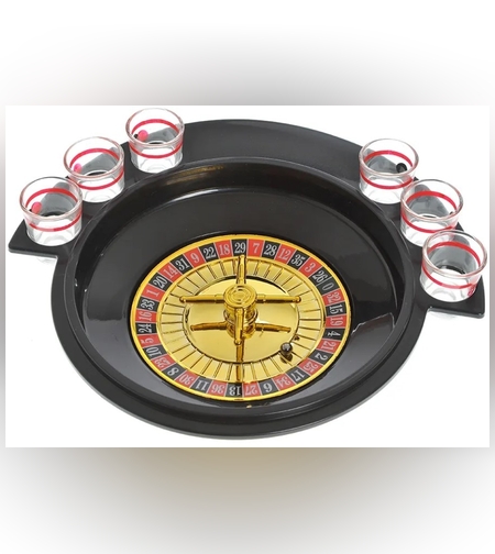 Joc de Baut Ruleta Flippy, cu 6 Pahare de Shot din Sticla , 30 x 26.5 x 6.5 cm, Rosu/Negru