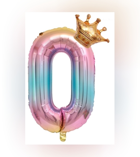 Balon din Folie Metalizata, Flippy, Figurina Cifra Gradient, Tema Aniversare 80 cm, Ambalaj Individual, Pai inclus, Umflare cu Aer sau Heliu, Coronita, Cifra 0
