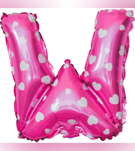 Balon Folie Metalizata Litera W, Flippy, 40 cm, Cu Imprimeu Inimioare, Umflati cu Heliu sau Aer, Ambalaj Individual, Pai inclus, Roz