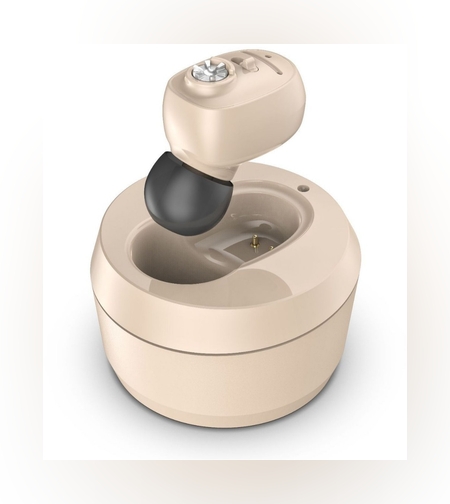 Aparat Auditiv Intraauricular In-Ear, Flippy, Amplificator de sunet pentru Auz, Minuscul Design Nou, 14 x 10 x 3.8 cm, 116 gr, Camel