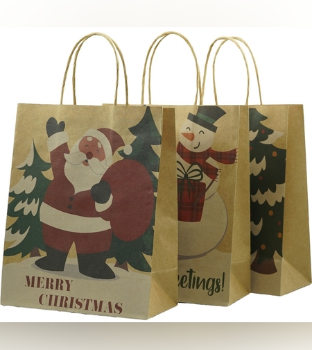 Set 12 Pungi Cadou, Flippy, Imprimeu Tematica Craciun, Model Random, din Hartie, Impachetare Usoara a Cadourilor, 18.5x22.5x8.5 cm, Multicolor