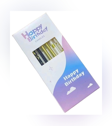 Set 6 Lumanari Lungi, Flippy, din Parafina, 10 x 0.5 cm, Happy Birthday, Alb/Negru/Auriu