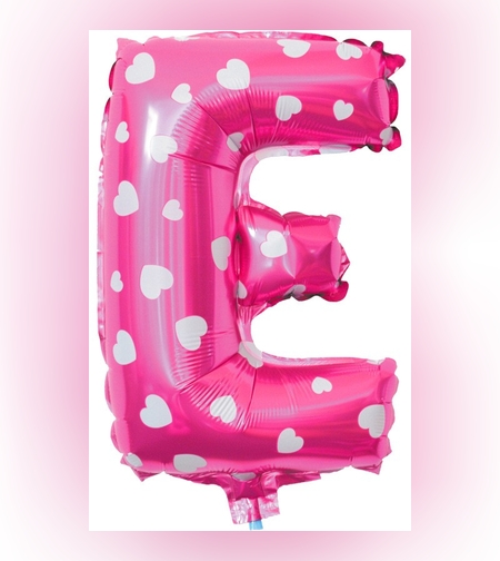Balon Folie Metalizata Litera E, Flippy, 40 cm, Cu Imprimeu Inimioare, Umflati cu Heliu sau Aer, Ambalaj Individual, Pai inclus, Roz