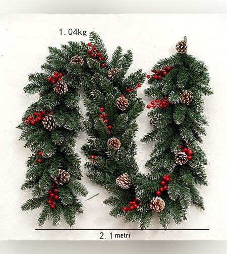 Ghirlanda de Craciun, cu merisoare si conuri, din brad artificial, 210 cm, verde