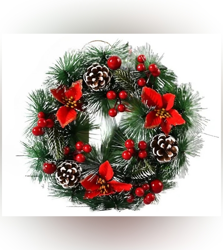 Coronita pentru Craciun Flippy, diametru 32 cm, din brad artificial, decorata cu conuri si merisoare, 3 Funde Rosii. Verde/Alb