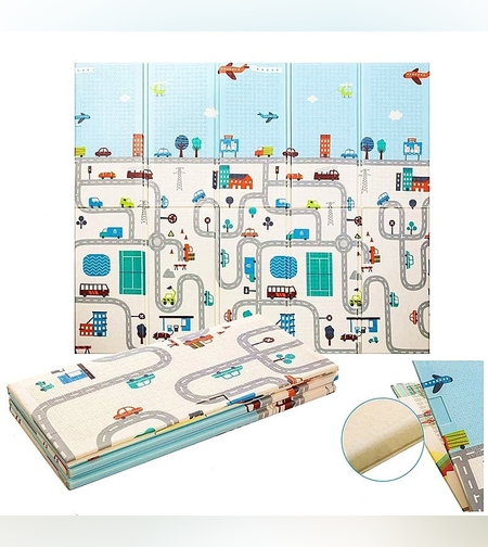 Covoras pentru Copii, Flippy, cu 2 Fete, Model Trafic/Girafe, din XPE+PE, Impermeabil, Antiderapant, Protectie Termica, +3 Luni, Pliabil, 180 x 200 x 1 cm, Multicolor