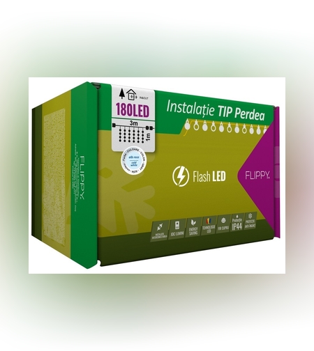 Instalatie Craciun, Tip Perdea, IP44, 3 m x 1 m, 180 LED-uri, Alb rece, cu flash, Transformator, Interconectabila, Prelungitor 5 m inclus, Fir transparent, Interior/ Exterior, Flippy