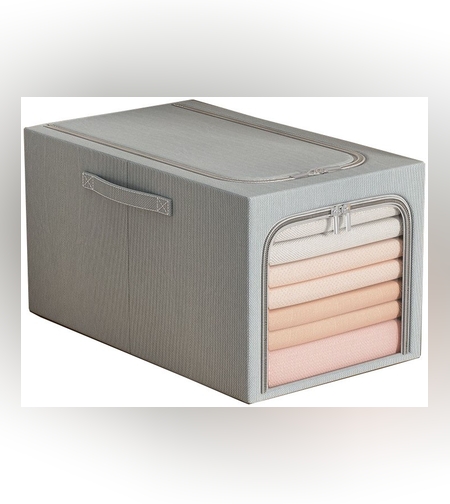 Cutie de Depozitare, Flippy, 31L, din In si Bumbac, Pliabila, Cadru din Otel, 45 x 30 x 23 cm, Albastru Fumuriu