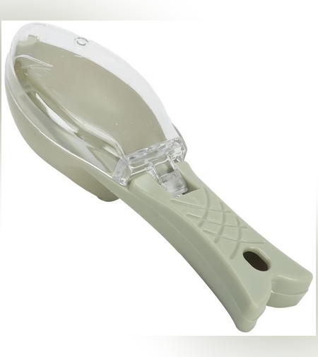 Curatator Manual Solzi de Peste, Flippy, Forma Peste , Recipient cu Capcac pentru Solzi, Plastic, Verde deschis, 16x6 cm