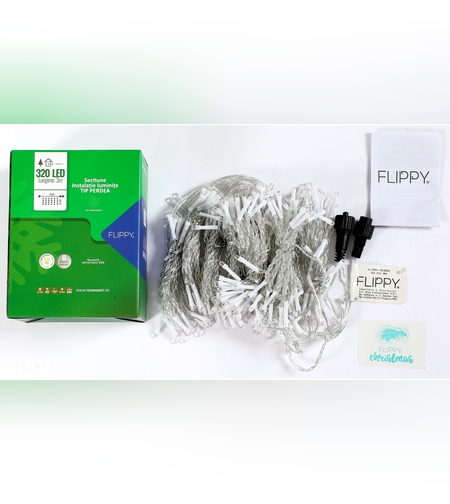 Sectiune Instalatie de Craciun Flippy Tip Perdea, cu 8 jocuri de lumini, 3 m x 3 m, 320 LED-uri, Interconectabila, Fir Transparent, Alb Cald