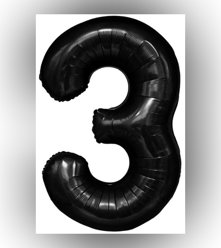 Balon din Folie Metalizata Flippy, Figurina Cifra, Tema Aniversare 40 cm, Ambalaj Individual, Pai inclus, Umflare cu Aer sau Heliu, Negru, Cifra 3