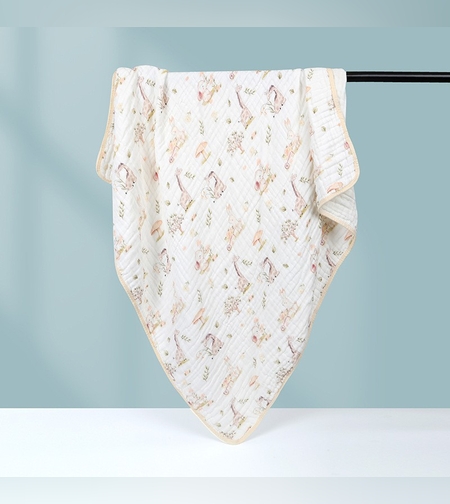 Prosop de baie din bumbac si tifon pentru Bebelusi, Flippy, cu Sase Straturi, pentru Copii, 110x110 cm, Model Girafe, Bej Galben