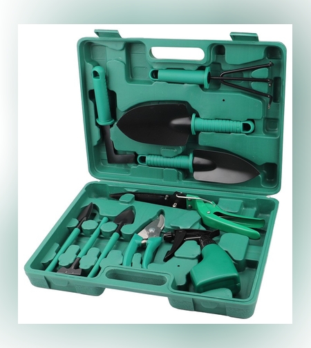 Set 10 accesorii pentru gradinarit Flippy, geanta depozitare inclusa, otel inoxidabil, 37 x 28 cm, verde