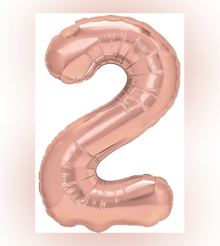 Balon din Folie Metalizata Flippy, Figurina Cifra, Tema Aniversare 40 cm, Ambalaj Individual, Pai inclus, Umflare cu Aer sau Heliu, Rose Gold, Cifra 2