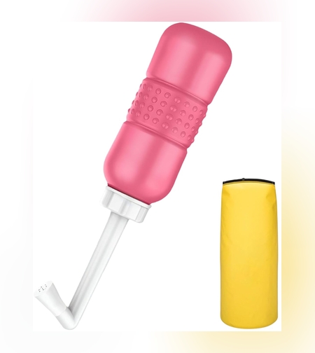 Bideu Portabil pentru Igiena Intima, Flippy, pentru Postpartum/ Postoperator, 450 mL, cu Capac si Husa Galbena, 29.5x7 cm, Culoare Recipient Roz