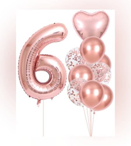 Set 10 Baloane Folie si Latex, Flippy, Tematica Aniversare, Baloane Latex 25cm, Figurina Inimioara 45 cm, Cifra 6 de 81 cm, Ambalaj Individual, Pai Inclus, Umflare cu Aer sau Heliu, Roz Pal