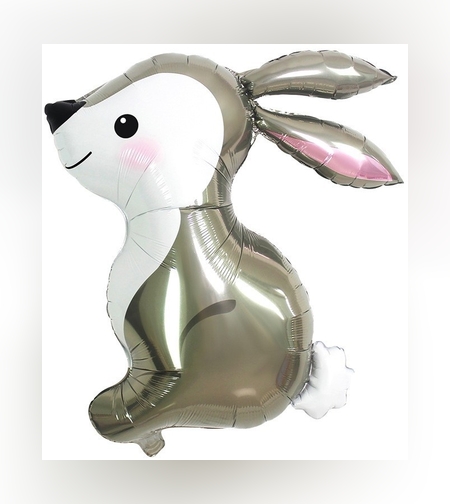 Balon din Folie Metalizata, Flippy, Ambalaj Individual, Pai Inclus, Model Iepure, Tema Animalute, 56x73 cm, Umflare cu Aer sau Heliu, Gri