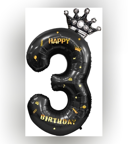 Balon din Folie Metalizata Flippy, Figurina Cifra si Coroana, Scris Happy Birthday, Tema Aniversare 100 cm, Ambalaj Individual, Pai inclus, Umflare cu Aer sau Heliu, Negru, Cifra 3
