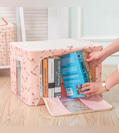 Cutie de Depozitare Pliabila, Flippy, 66 L, din Tesatura Oxford, 50x40x33 cm, 2 Ferestre, Frontala si Laterala, 2 Usi de Acces cu Fermoar Bidirectional, Cadru Metalic, Suport Baza Stabil din Plastic, Imprimeu Cirese, Roz