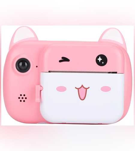 Camera Instantanee pentru Copii, Flippy, Camera Frontala + Selfie, cu Functie de Printare, Cablu USB-C, Bluetooth, Compatibil iOS/Android, Imprimare APP, Model Pisica Smiley Face, Roz