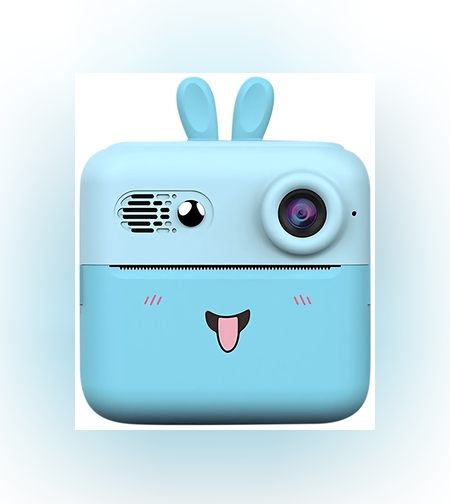 Set Camera Instantanee pentru Copii, Flippy, Ecran HD 2.4'', 24MP, 720P Video, 1200 mAh, cu Functie de Printare Alb-Negru, cablu USB-C, Bluetooth, Compatibil iOS/Android, Imprimare APP, Model Iepure, Albastru