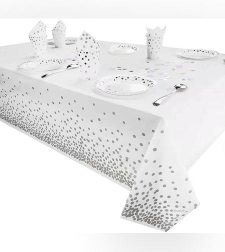 Fata de Masa, Flippy, din PEVA, Imprimeu Buline, 137 x 274 cm, Impermeabila, Fara Pete, Curatare Rapida, Argintiu