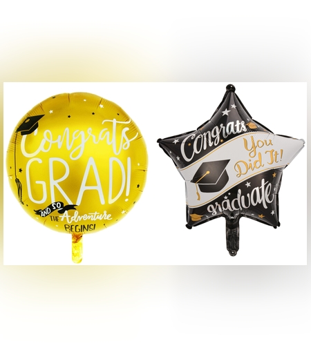 Set 2 Baloane din Folie Metalizata, Flippy, Figurine Stea 45 cm si Minge 63x53 xm, Model Absolvire, Ambalaj Individual, Pai Inclus, Umflare cu Aer sau Heliu, Multicolor