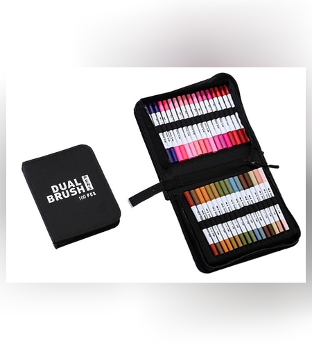 Set Carioci pe Baza de Apa, Flippy, 2 in 1, pentru Pictura, Caligrafie, 100 Culori, Penar Negru, Corp Carioca Alb, 23.5 x 19.5 x 7.5 cm, Multicolor