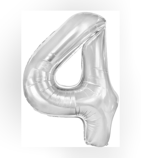 Balon din Folie Metalizata, Flippy, Figurina Cifra, Tema Aniversare 40 cm, Ambalaj Individual, Pai inclus, Umflare cu Aer sau Heliu, Argintiu, Cifra 4
