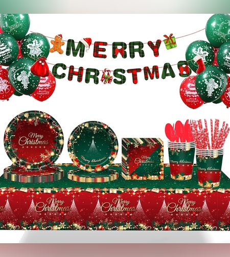 Set 119 Piese, Flippy, pentru Masa de Craciun, Farfurii 18 cm, Farfurii 23 cm, Pahare, Servetele, Tacamuri, Fata de Masa, Ghirlanda, Paie, Rosu/Verde