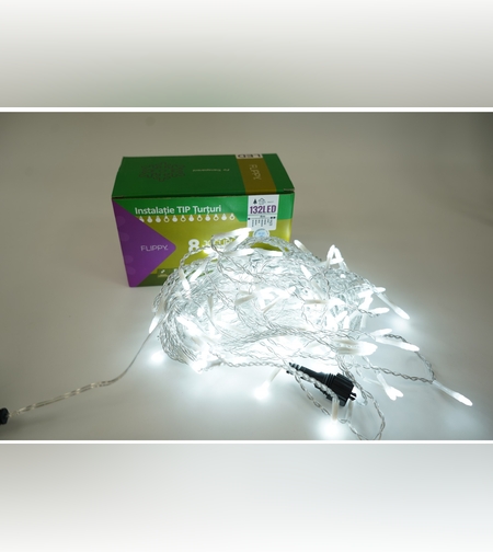 Instalatie de Craciun Flippy® Tip Turturi, 8 jocuri de lumini Sectiune 4 m, 132 LED-uri, Interconectabila, Fir Transparent, Alb Rece
