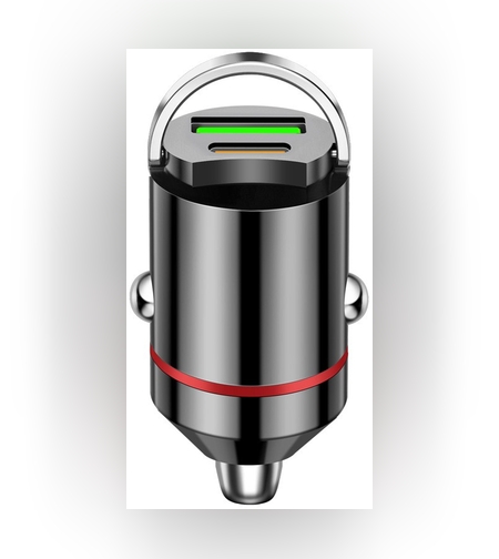 Adaptor Auto 2 in 1, Flippy, din Aliaj, Port TYPE-C, PORT USB, 100 W, Inel Metalic de Tragere, practic Invizibil, Incarcare Mega Rapida, Negru