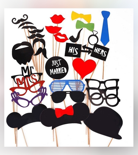 Set 31 de Accesorii pentru Petrecere, Flippy, Props pentru Coltul de Poze, Ochelari, Palarii, Mustata, Cravata, Tematica Nunta, Multicolor
