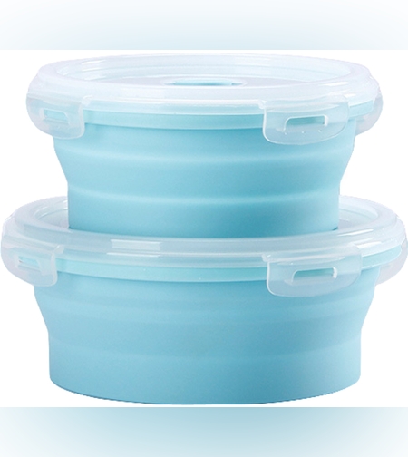 Set 2 caserole rotunde pliabile Flippy, din silicon, rezistenta la temperaturi ridicate, usor de depozitat si curatat, 500 si 800 ml, utilizare in cuptorul cu microunde, albastra