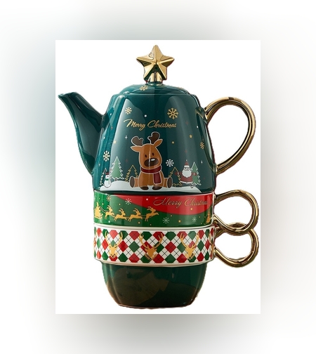 Set de Ceai, Flippy, Tema Craciun, Ceainic 450 ml, 2 x Cani 250 ml, din Ceramica, Model Ren, Verde/Turcoaz