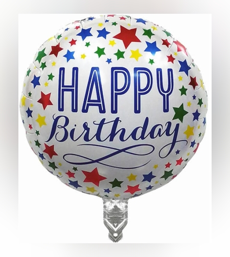 Balon din Folie Metalizata, Flippy, Mini Figurina Rotunda, Model Happy Birthday, Tema Aniversare, 45 cm, Ambalaj Individual, Pai inclus, Umflare cu Aer sau Heliu, Multicolor