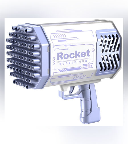 Pistol pentru Baloane de Sapun, Flippy, 69 de Gauri, Lumini Colorate, Tavita, Lichid, Baterie de Li, Cablu de Incarcare, 24cm x 14cm x 24cm, Mov