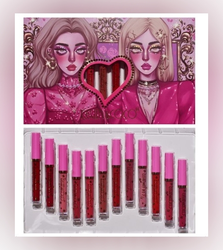 Set 12 Lip Gloss Kevin&Coco, nuante de rosu, rose, nude, cutie dreptunghiulara, 26.5x16.5x2.2 cm, 200 g, multicolor