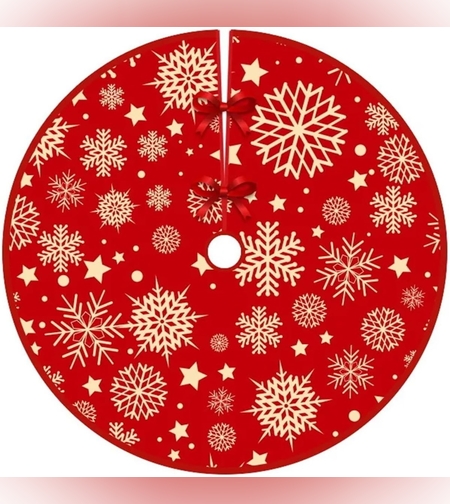 Covoras pentru Bradul de Craciun, Flippy, din Tesatura Pufoasa, cu Fundite de Prindere, Model Stelute, Rosu, Diametru 90 cm