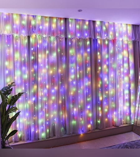 Instalatie Craciun Yoto, Tip Perdea, 2 m x 1 m, 120 LED-uri, Prelungitor 1.5 m, 8 Jocuri de Lumini, Interconectabila, Fir transparent, Interior/Exterior, Multicolor