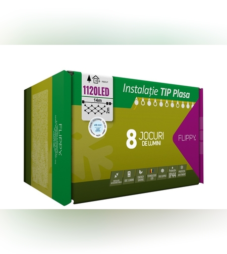 Instalatie Craciun, Tip Plasa, 14 m x 2 m, 1120 LED-uri, Alb rece, 8 jocuri de lumini, Transformator cu telecomanda, Interconectabila, Prelungitor 5 m inclus, Fir transparent, Flippy
