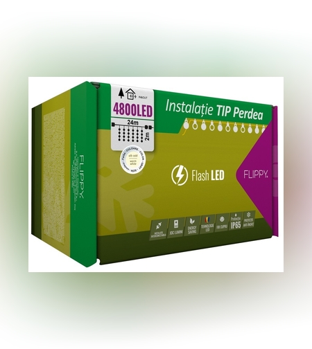 Instalatie Craciun Profesionala de Exterior IP65, Tip Perdea, 24m x 2m, 4800 Led-uri Mari, Alb cald, cu flash, Alimentator si prelungitor 6,5 m, Interconectabila, Fir negru, Flippy