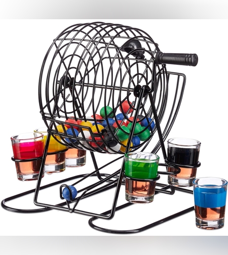 Joc Mini Loterie Flippy, Bingo, cu Pahare de Shot din Sticla, 20 x 20 x 19 cm, 48 Bile, Negru