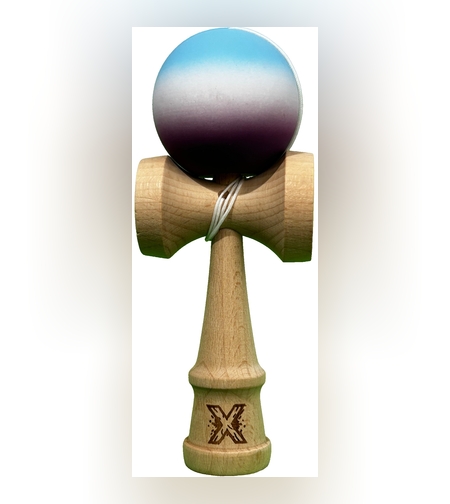 Jucarie Interactiva Kendama X Profesionala, Flippy, din Lemn cu Bila cu Invelis din Cauciuc, 18 cm, Joc de Indemanare pentru Copii si Adulti, Gradient Albastru Alb Mov