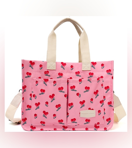 Geanta de Mana/Umar, Multifunctionala, Flippy, Inchidere cu Capsa, Imprimeu Cirese, Material Textil, 33.5 x 25 x 14.5 cm, Roz