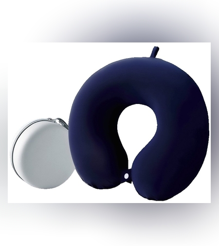 Perna de Calatorie in Forma de U, Flippy, Pentru Gat si Cap, Umplutura din Spuma cu Memorie, 30x30 cm, Sistem Prindere Capse, Cutie de Depozitare, Albastru Marin