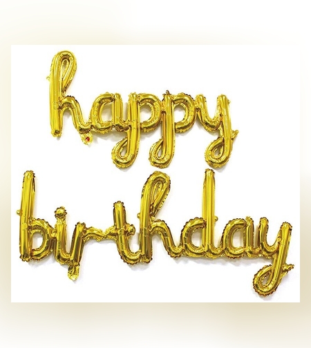 Set 10 Baloane din Folie Metalizata, Flippy, Figurine Litere, Model Scris de Mana Happy Birthday, Tema Aniversare, 40 cm, Ambalaj Individual, Pai Inclus, Umflare cu Aer sau Heliu, Auriu