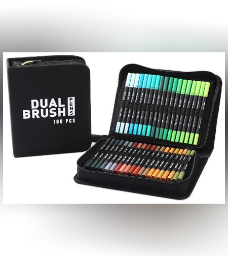 Set Carioci pe Baza de Apa, Flippy, 2 in 1, pentru Pictura, Caligrafie, 100 Culori, Penar Negru, Corp Carioca Negru, 23.5 x 19.5 x 7.5 cm, Multicolor