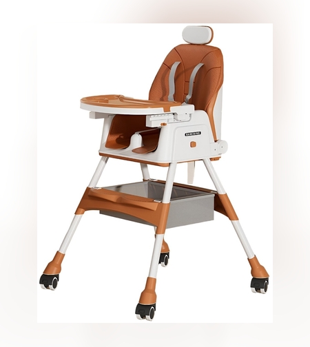 Scaun de Masa pentru Bebelusi si Copii Flippy, cu Roti, cu Tetiera, Telescopic, Pliabil, Masuta Reglabila, Suport Picioare, Scaun cu Invelis Piele Artificiala, Centura Siguranta, Spatiu Depozitare, 97 x 73 x 65 cm, Maro