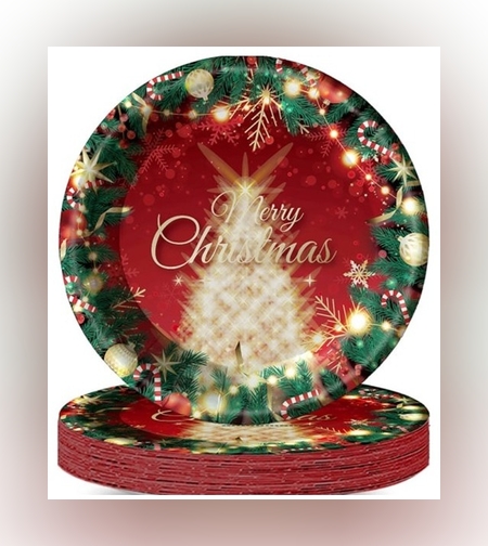 Set 16 Farfurii de Unica Folosinta, Flippy, Model Brad de Craciun Merry Christmas, Tematica Craciun, 23 cm, Rosu/Verde